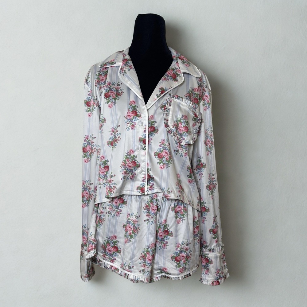 For Love and Lemons Satin Floral Ruffle Coquette Pajama Set Bridal Sleepwear XS - Picture 2 of 11